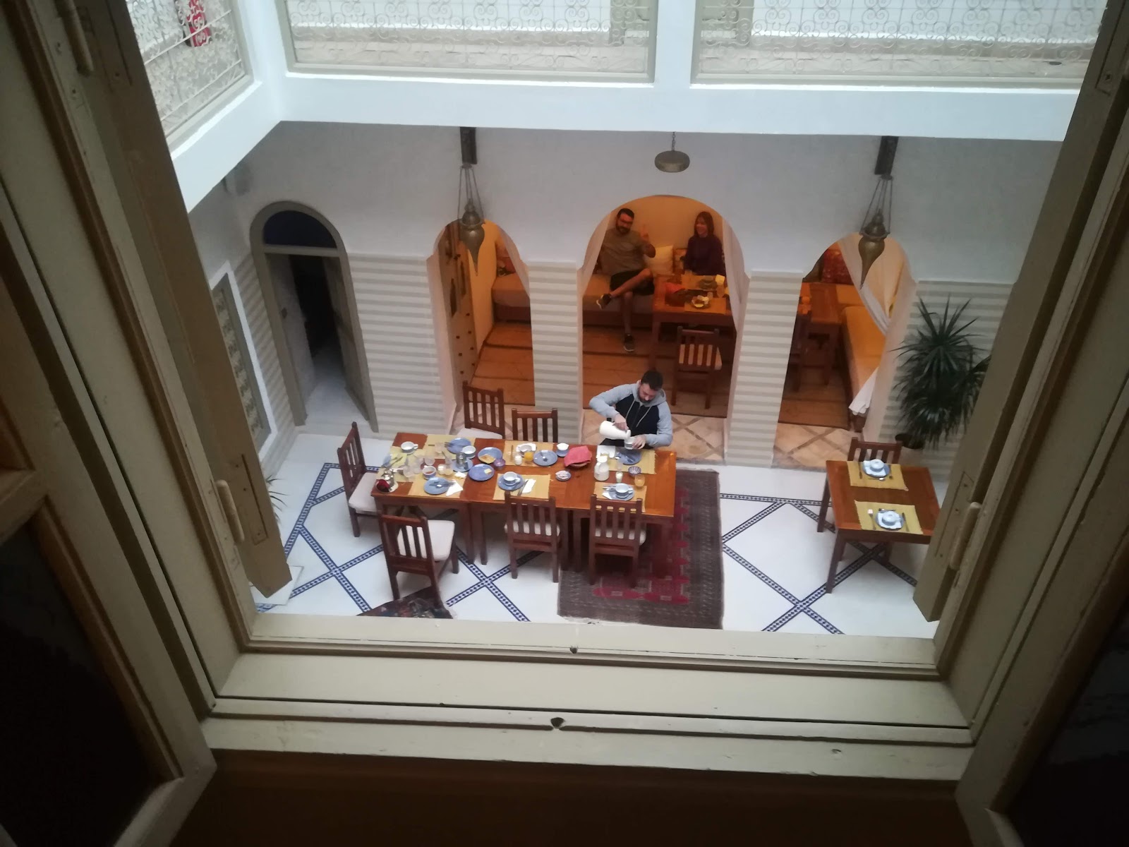 Hostel rooftop with view over the Medina of Marrakech