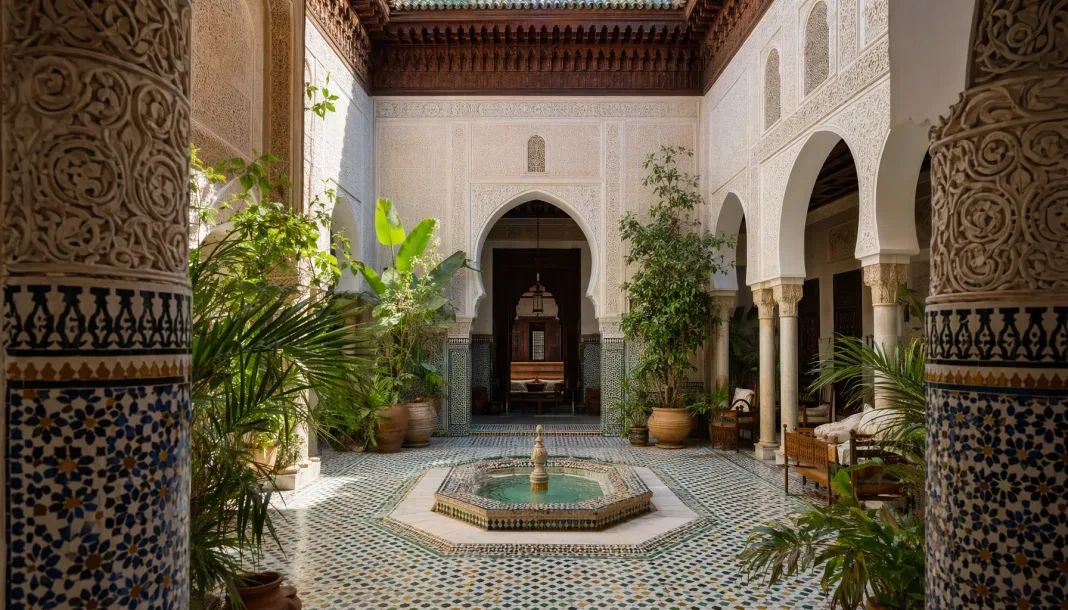 architecture Détail architectural d'un patio de riad marrakchi avec fontaine en zellij, motifs géométriques et lumière naturelle filtrant depuis le ciel ouvert