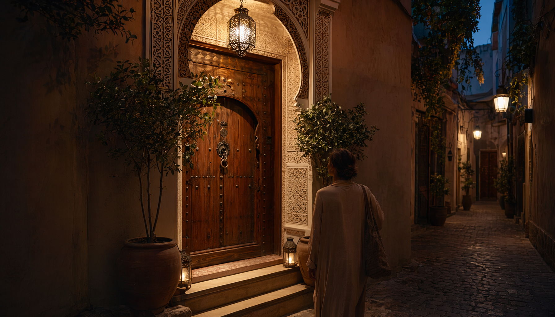 Arrivée devant une porte de riad de la médina de Marrakech en soirée, éclairage tamisé de la lanterne d'entrée