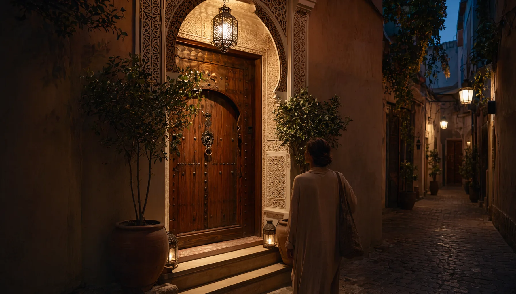 Arrivée devant une porte de riad de la médina de Marrakech en soirée, éclairage tamisé de la lanterne d'entrée