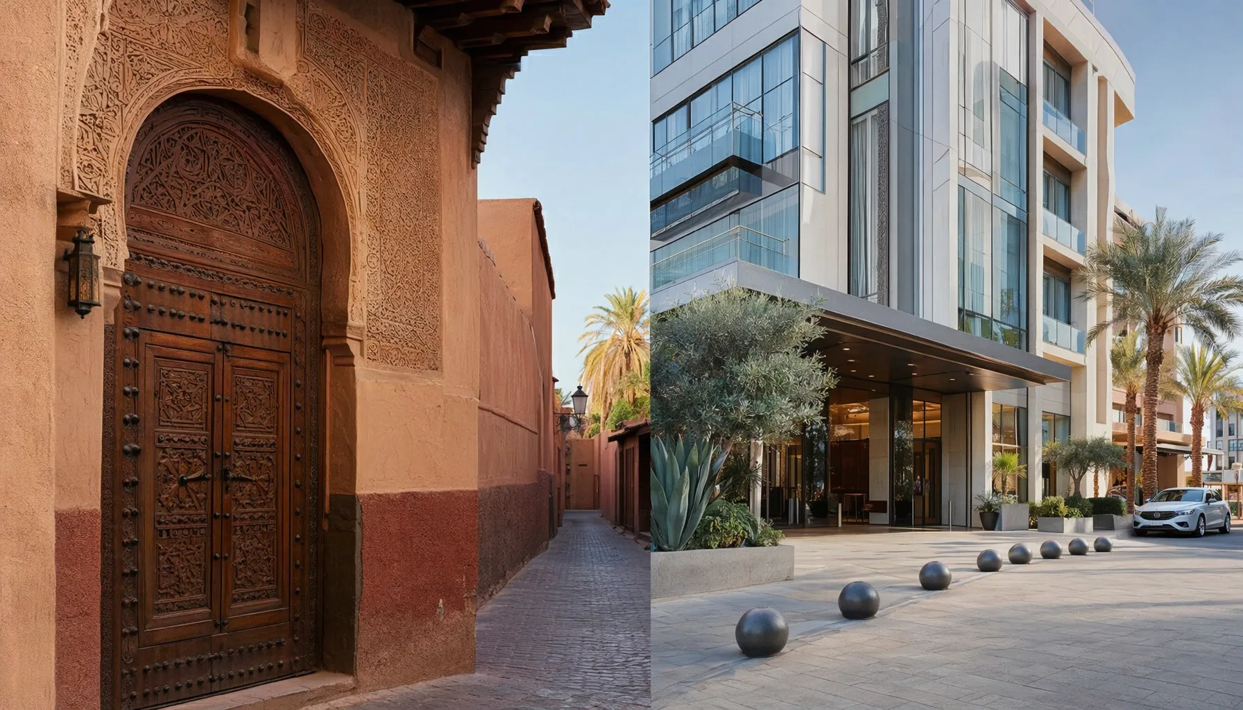 Contraste visuel entre l'entrée traditionnelle d'un riad de médina et la façade moderne d'un hôtel international à Marrakech
