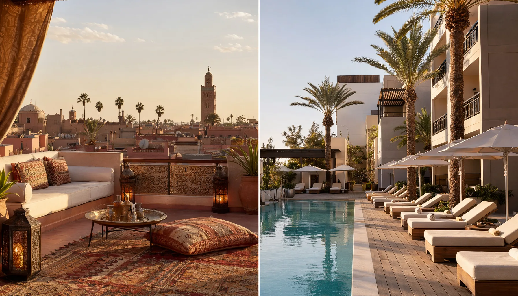 Vue comparative architecture marocaine de riad versus hôtel moderne à Marrakech, ambiance analytique