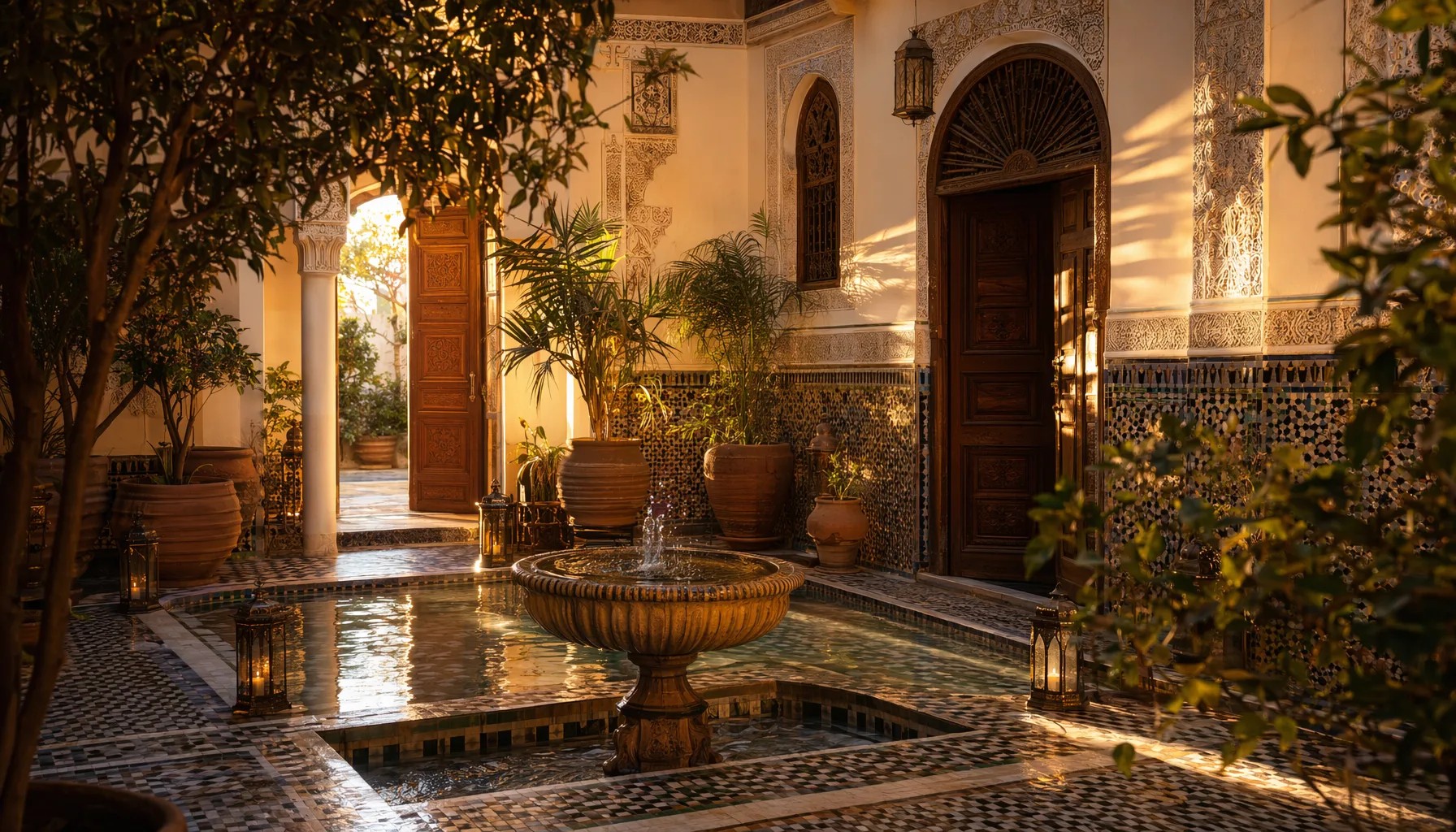 Patio de riad à Marrakech à l'heure dorée, fontaine centrale et lumière chaude tombant sur les murs en zellige