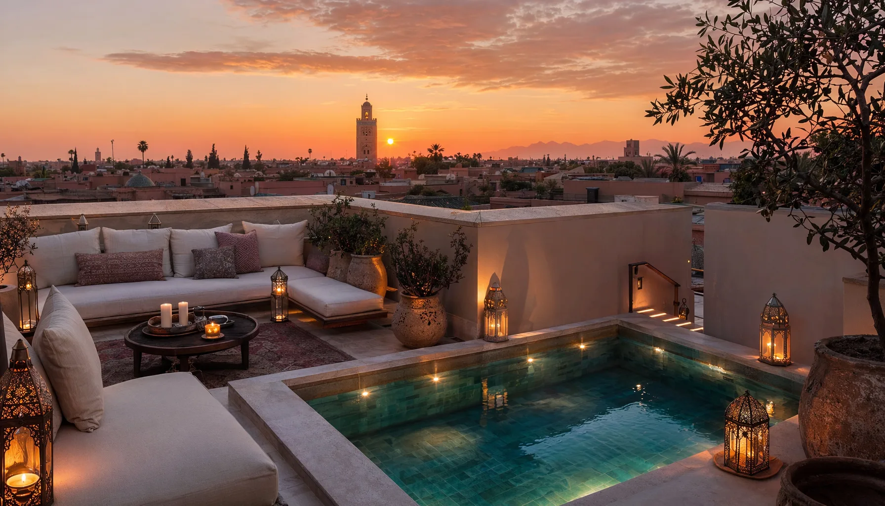 Terrasse haut de gamme d'un riad à Marrakech avec mobilier soigné, piscine chauffée, vue sur les toits de la médina au coucher de soleil