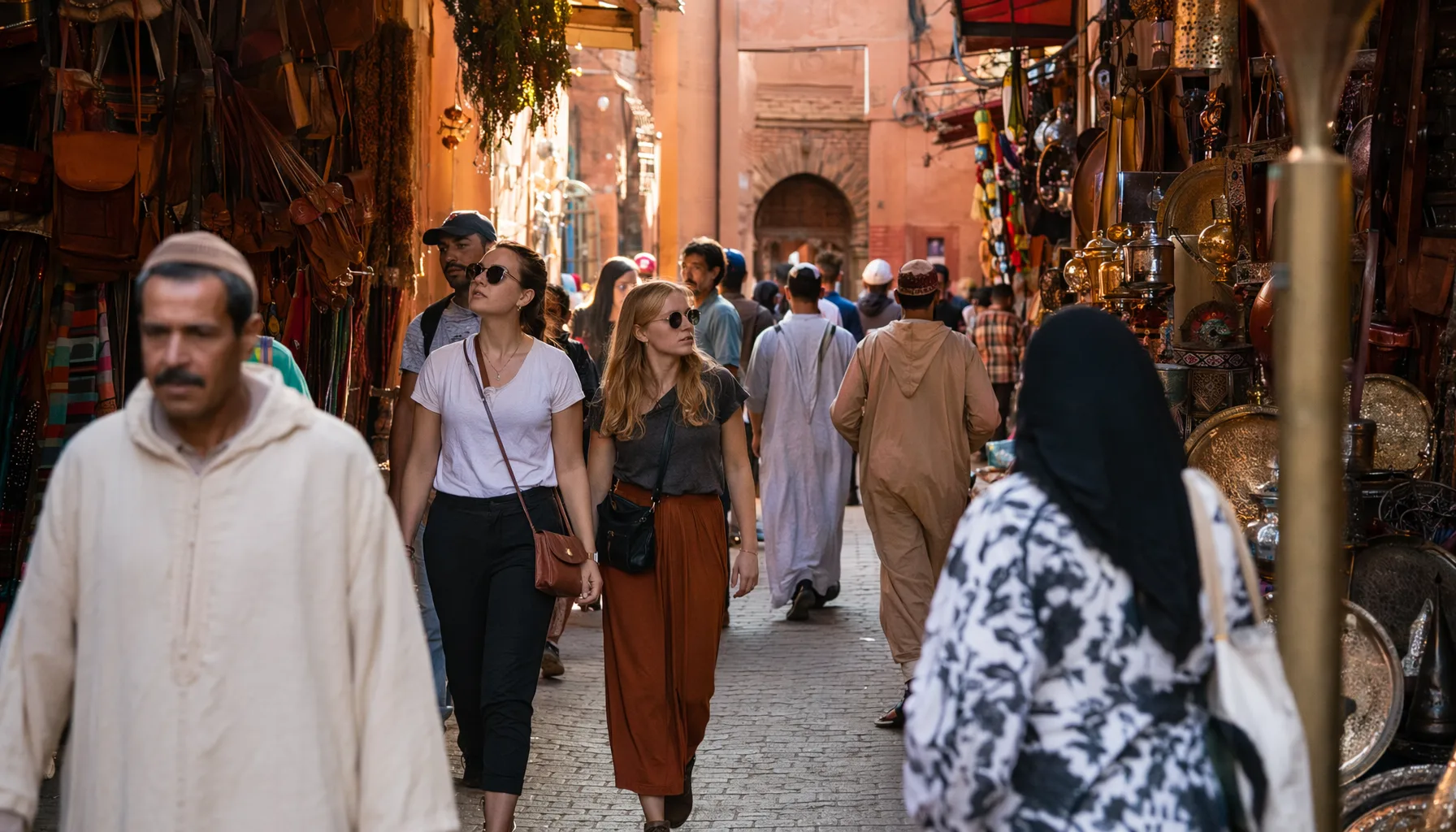 Scène de rue dans les souks de Marrakech avec un mélange de touristes et de locaux, ambiance naturelle et animée