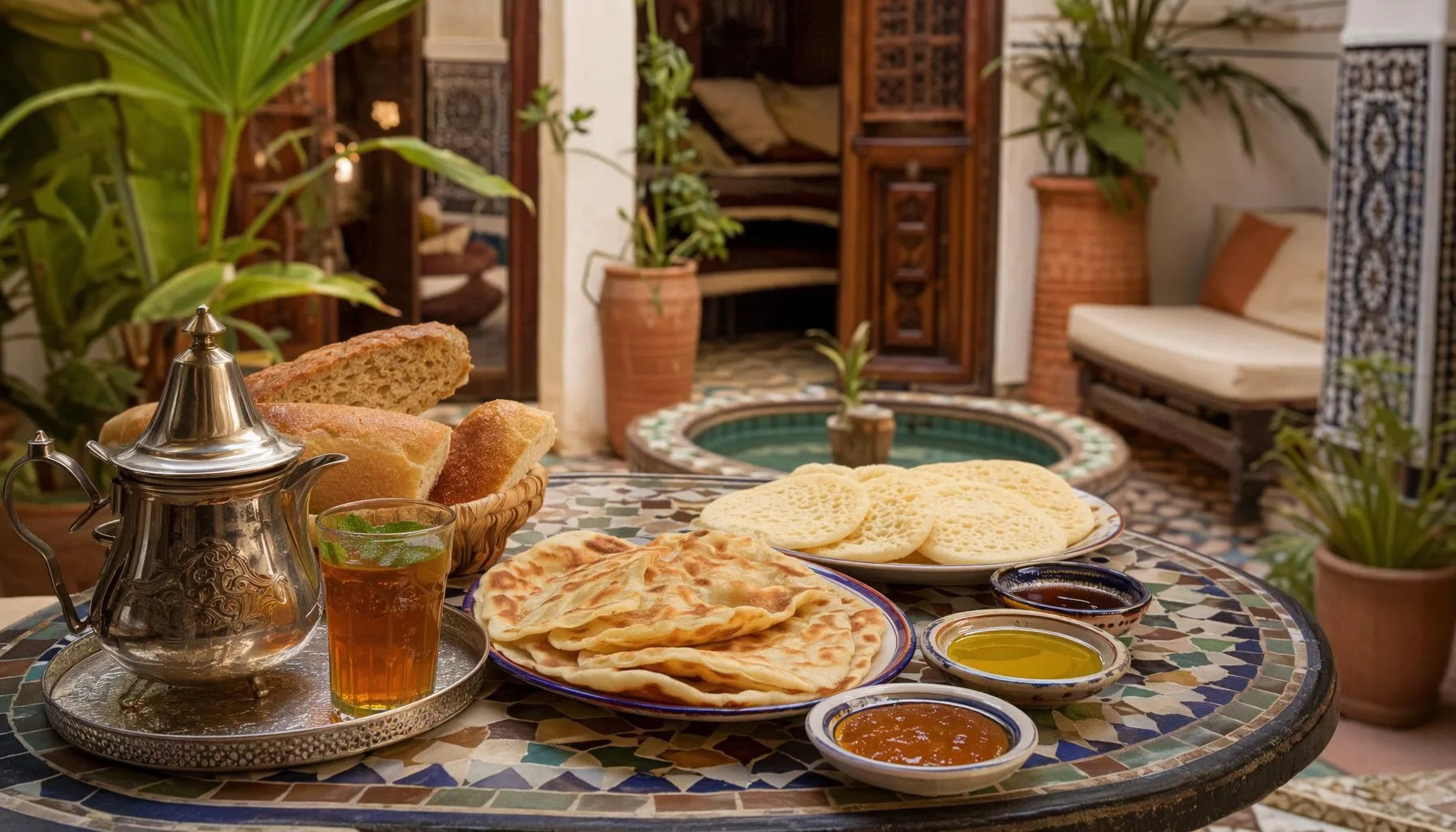 Petit-déjeuner marocain servi sur le patio d'un riad à Marrakech, plateau traditionnel avec msmen, beghrir, pain et thé à la menthe, lumière du matin