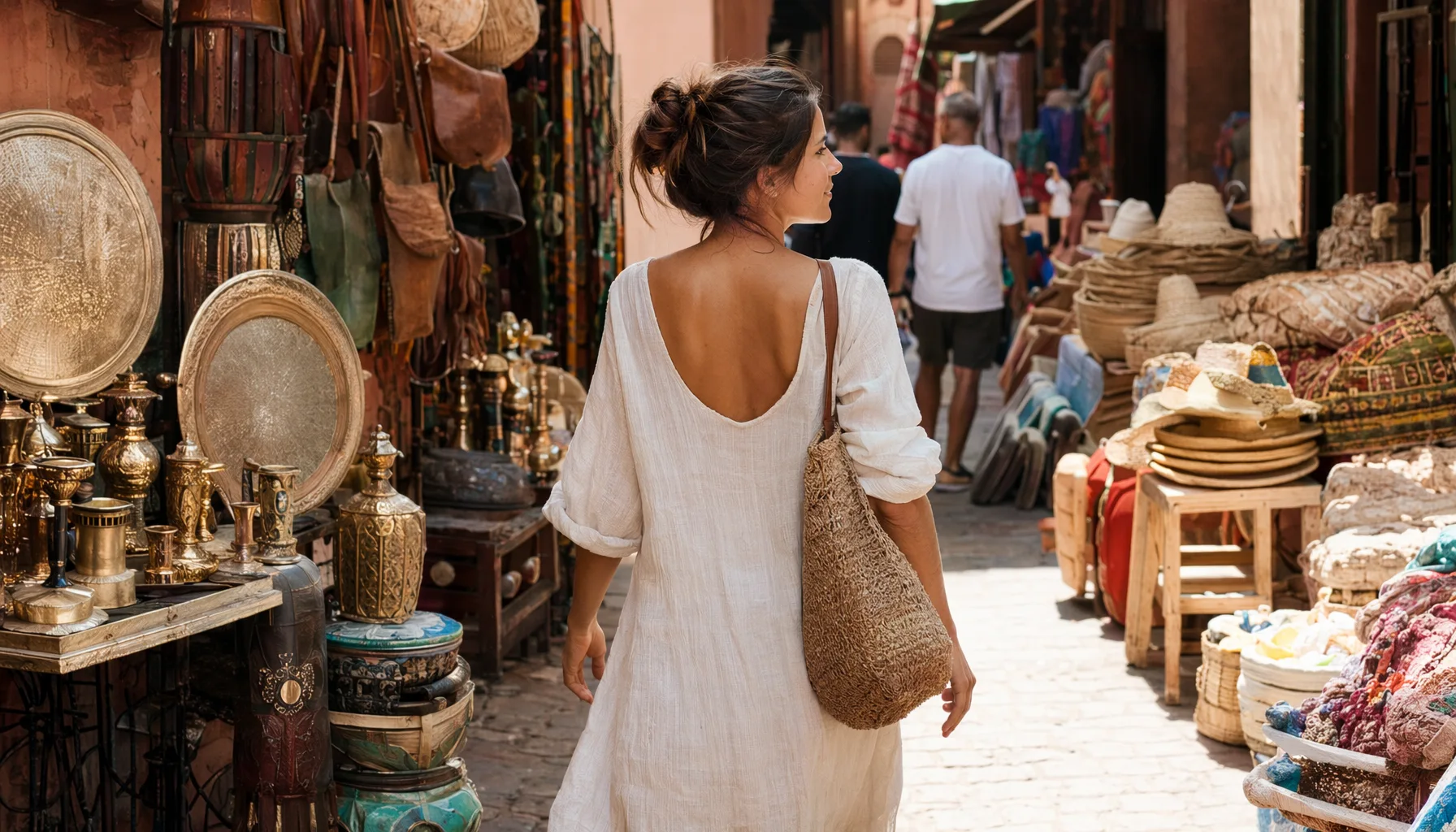 Voyageuse en tenue légère adaptée se promenant dans le souk de Marrakech, lumière naturelle de journée