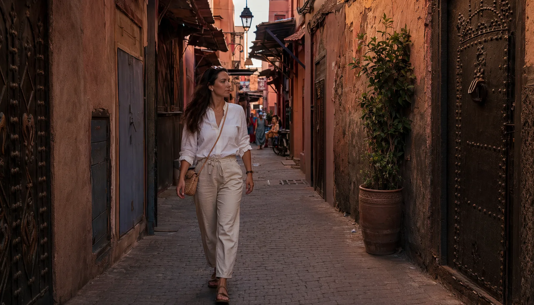 Femme marchant dans une ruelle de Marrakech en soirée, démarche assurée, lumière de fin de journée