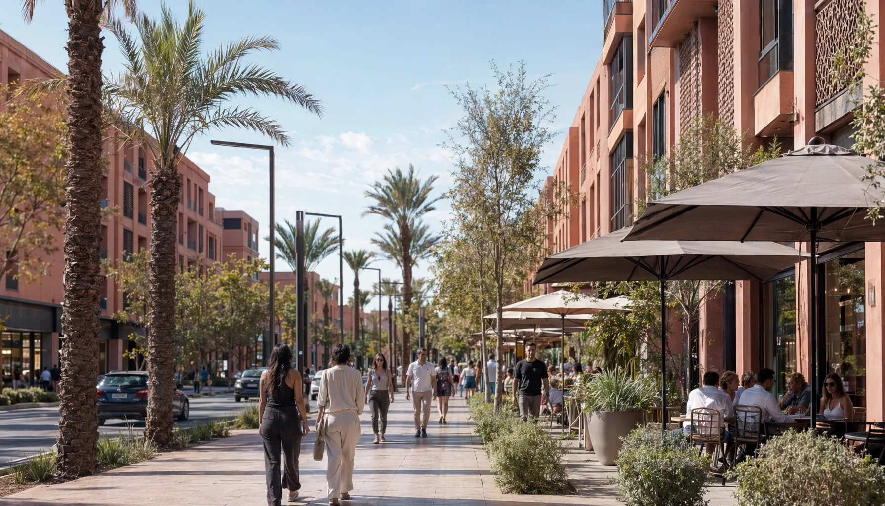 Boulevard moderne de Guéliz à Marrakech avec terrasses de café, palmiers et architecture contemporaine