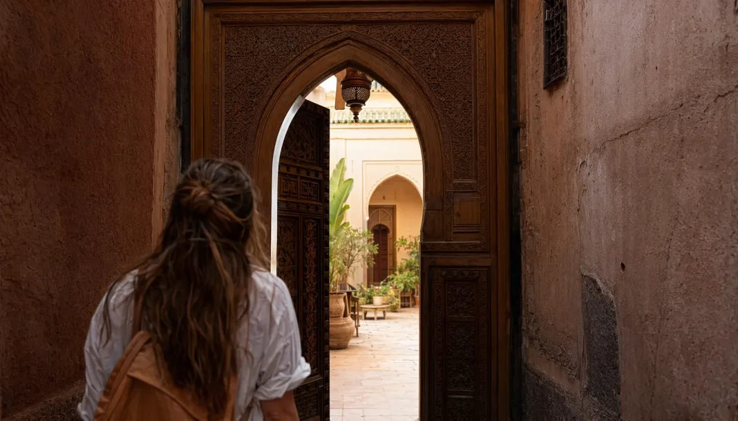 hero-1 Premier regard sur la médina de Marrakech depuis une entrée de riad, porte en bois sculpté et lumière tamisée
