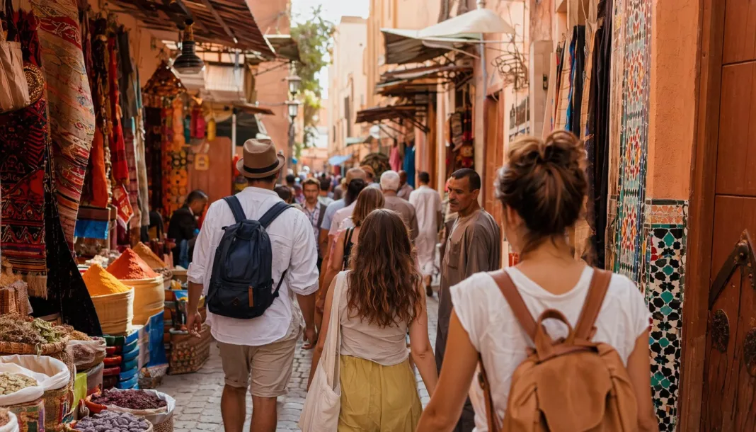 hero Touristes en tenues variées se promenant dans les ruelles colorées de la médina de Marrakech par une journée ensoleillée