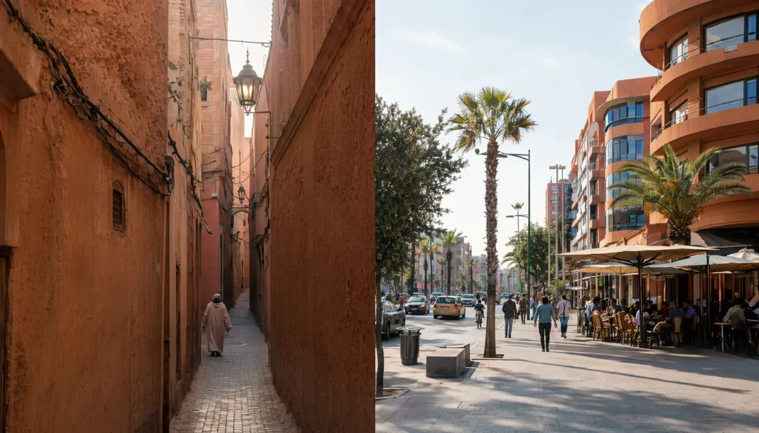 hero-2 Contraste visuel entre la médina ancienne de Marrakech et le quartier moderne de Guéliz, ruelle traditionnelle et boulevard urbain