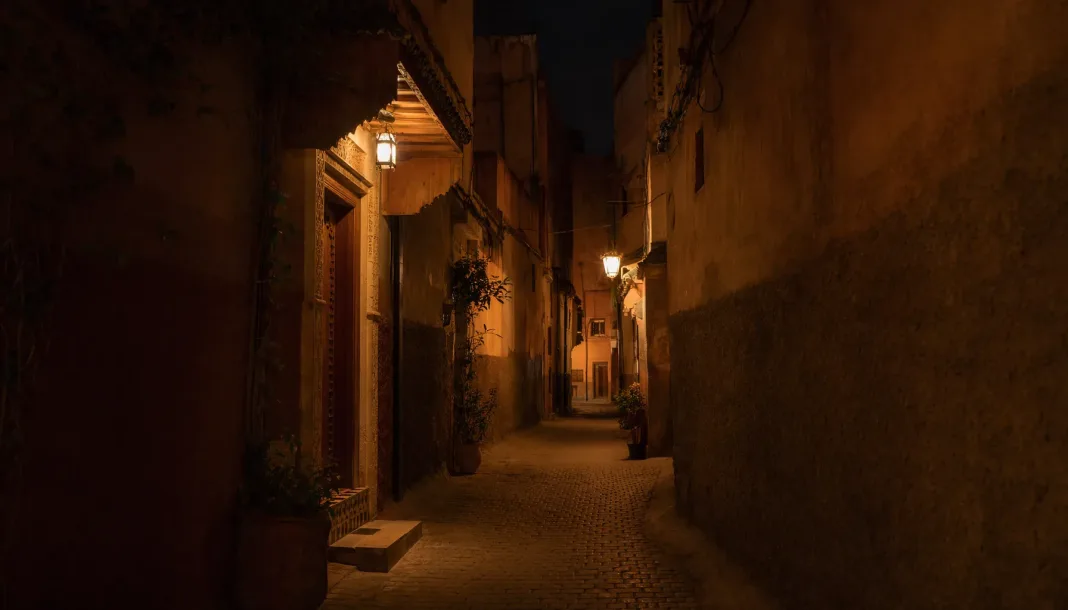 hero-3 Derb de la médina de Marrakech la nuit, lanternes allumées, ruelles calmes et atmosphériques