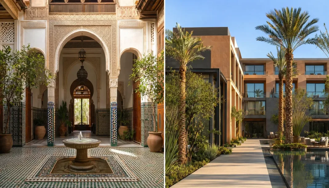 hero-4 Contraste visuel entre un patio de riad marrakchi traditionnel et un hôtel moderne de Marrakech, choix d'hébergement