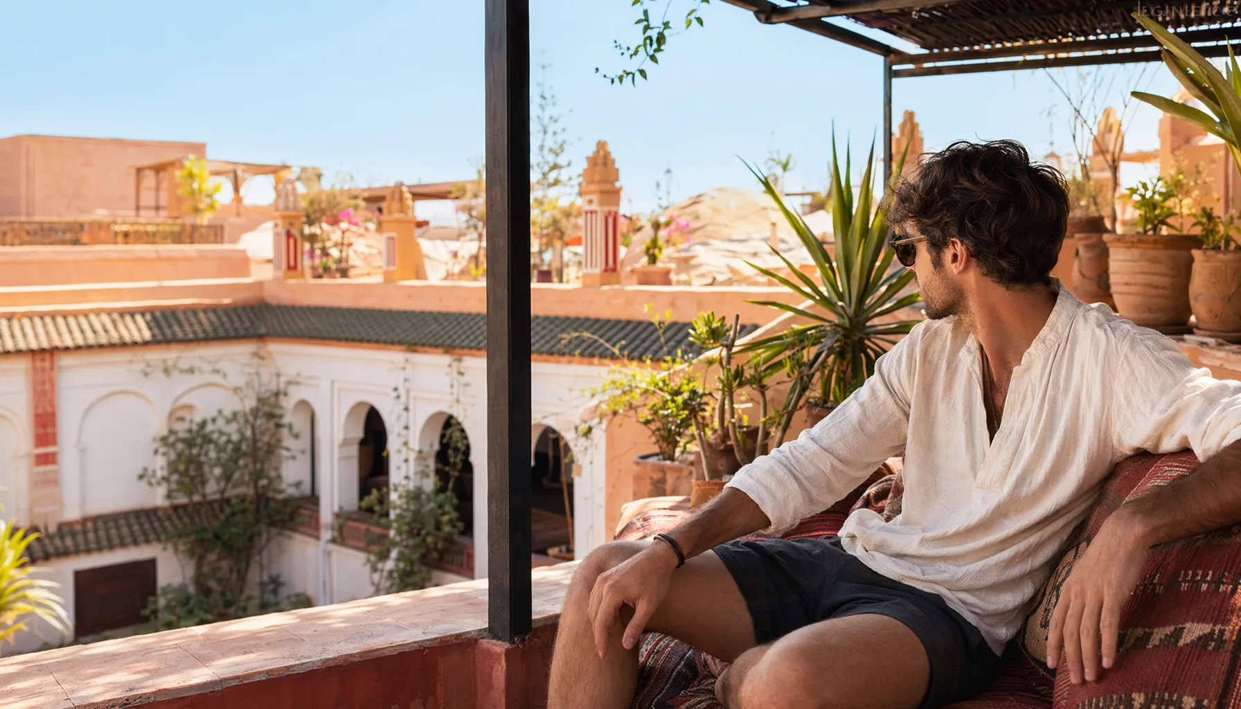 Voyageur masculin détendu en tenue casual assis en terrasse d'un riad à Marrakech, lumière de journée