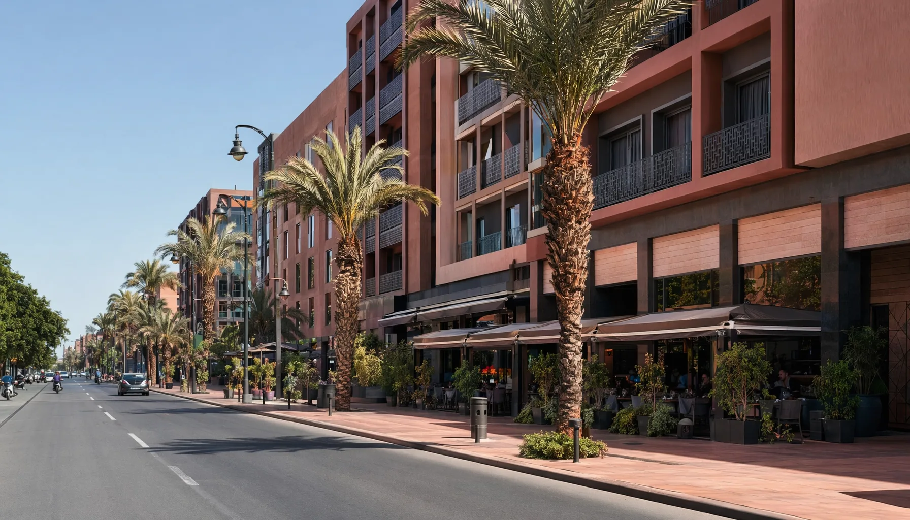 Avenue moderne de Guéliz à Marrakech avec hôtel contemporain, terrasses de café et rue large bien éclairée