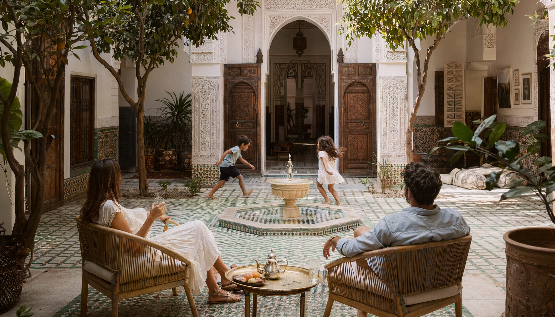 Famille dans le patio d'un riad de Marrakech, enfants jouant autour d'une fontaine, cadre calme et coloré