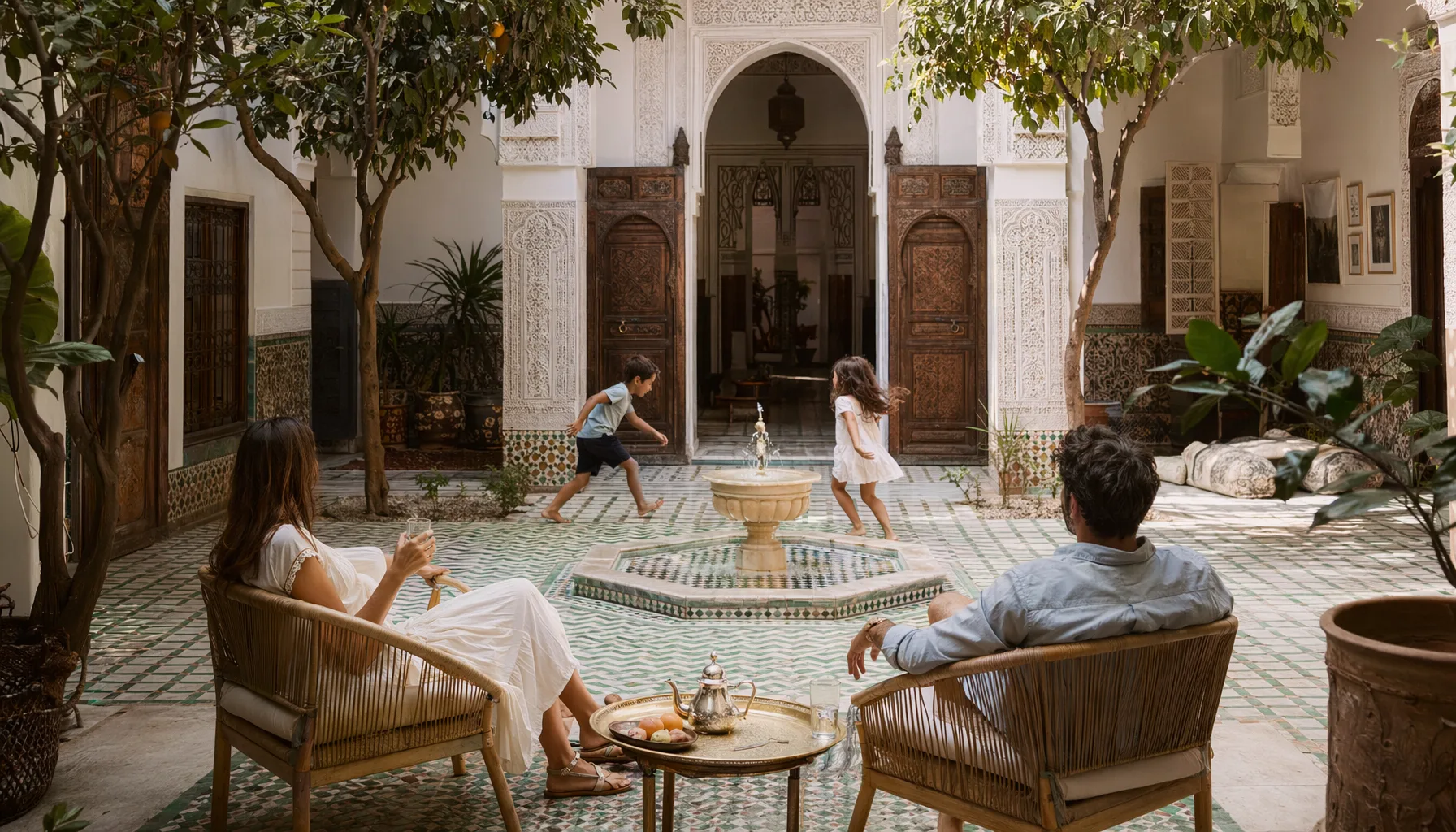 Famille dans le patio d'un riad de Marrakech, enfants jouant autour d'une fontaine, cadre calme et coloré