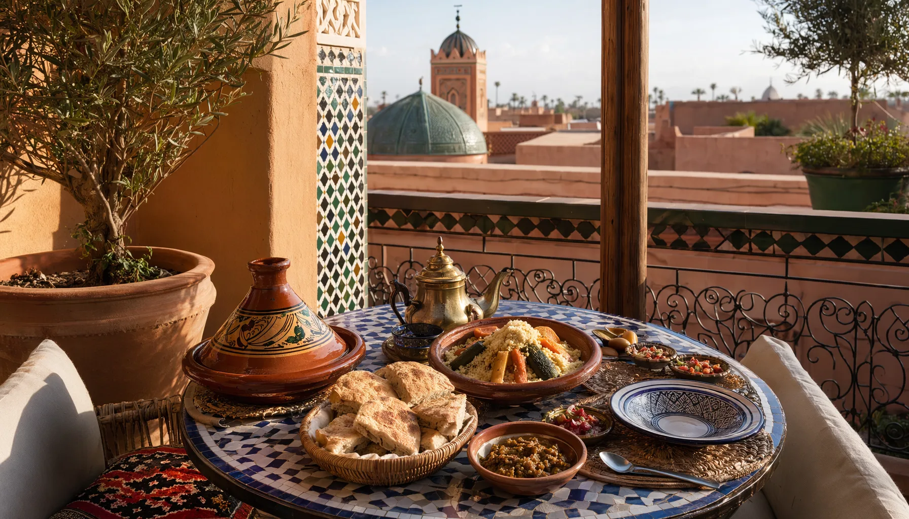 Terrasse de restaurant à Marrakech avec plats marocains posés sur la table, cadre authentique