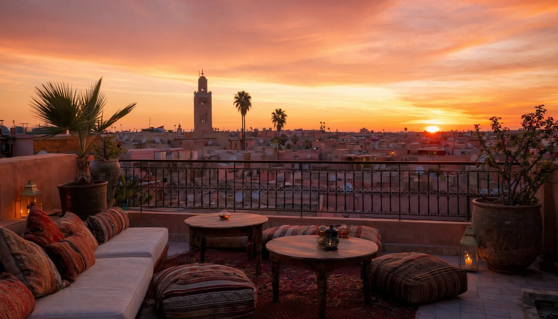 Terrasse rooftop à Marrakech au coucher du soleil, vue sur les toits de la médina, ciel orange et rose