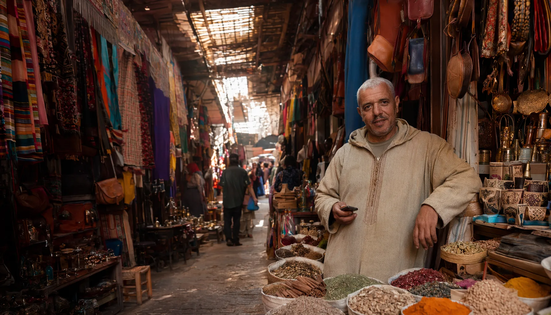 Marchand dans un souk couvert de la médina de Marrakech, étalage de produits artisanaux colorés
