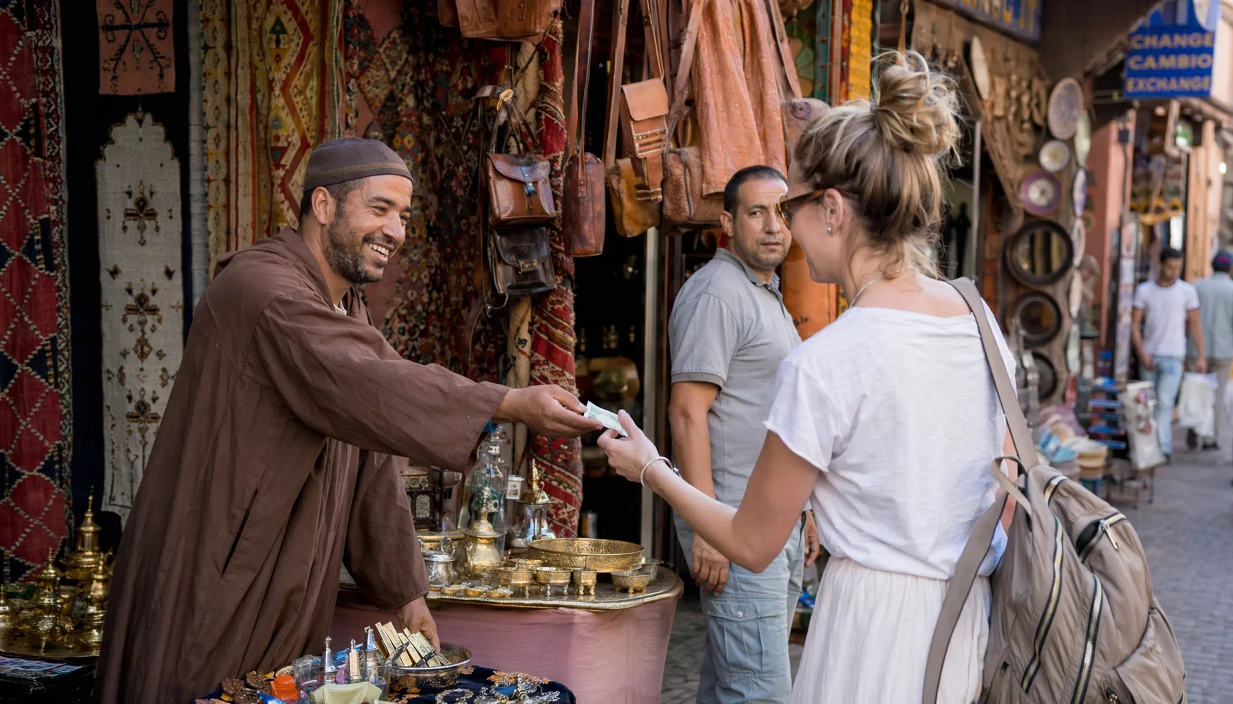 Scène de commerce dans un souk de Marrakech, transaction entre vendeur et client, ambiance de marché traditionnel