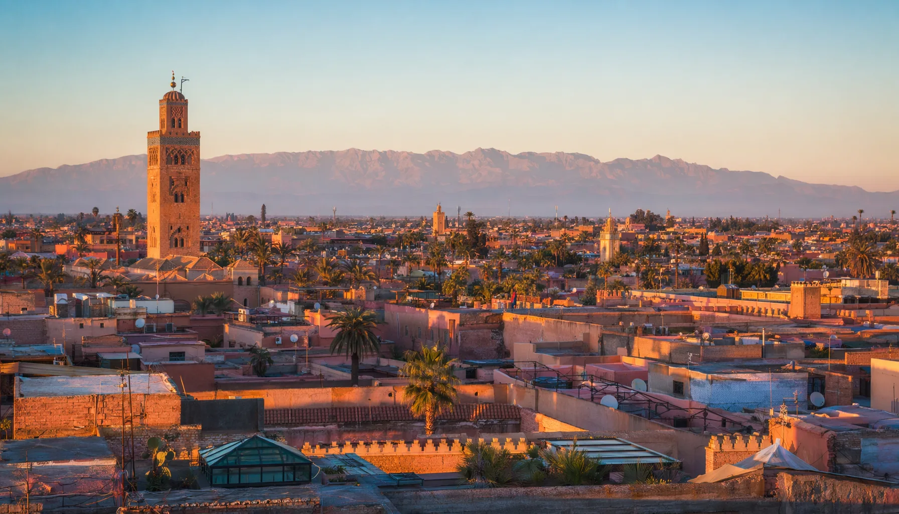 Vue panoramique depuis les toits de Marrakech, médina avec remparts en terre ocre, minarets et palmiers au loin