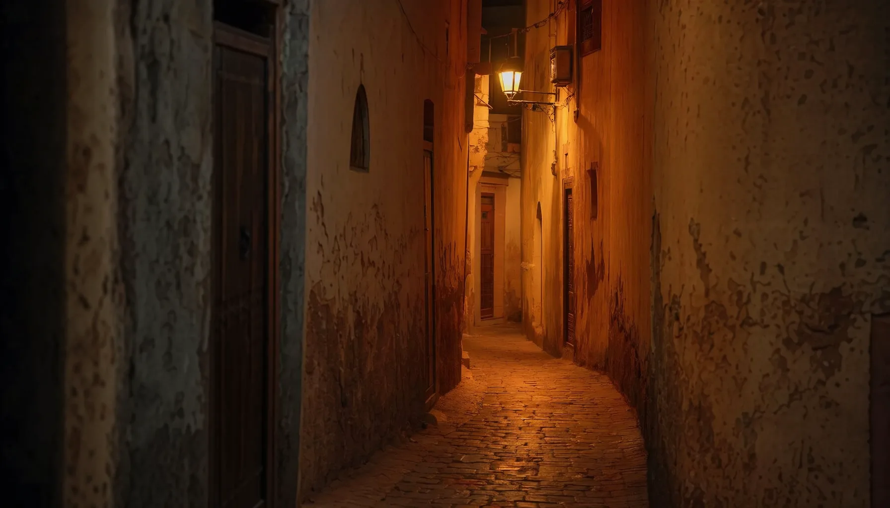 Callejón de medina en Marrakech al atardecer, juego de sombras y luces entre los muros de tierra ocre