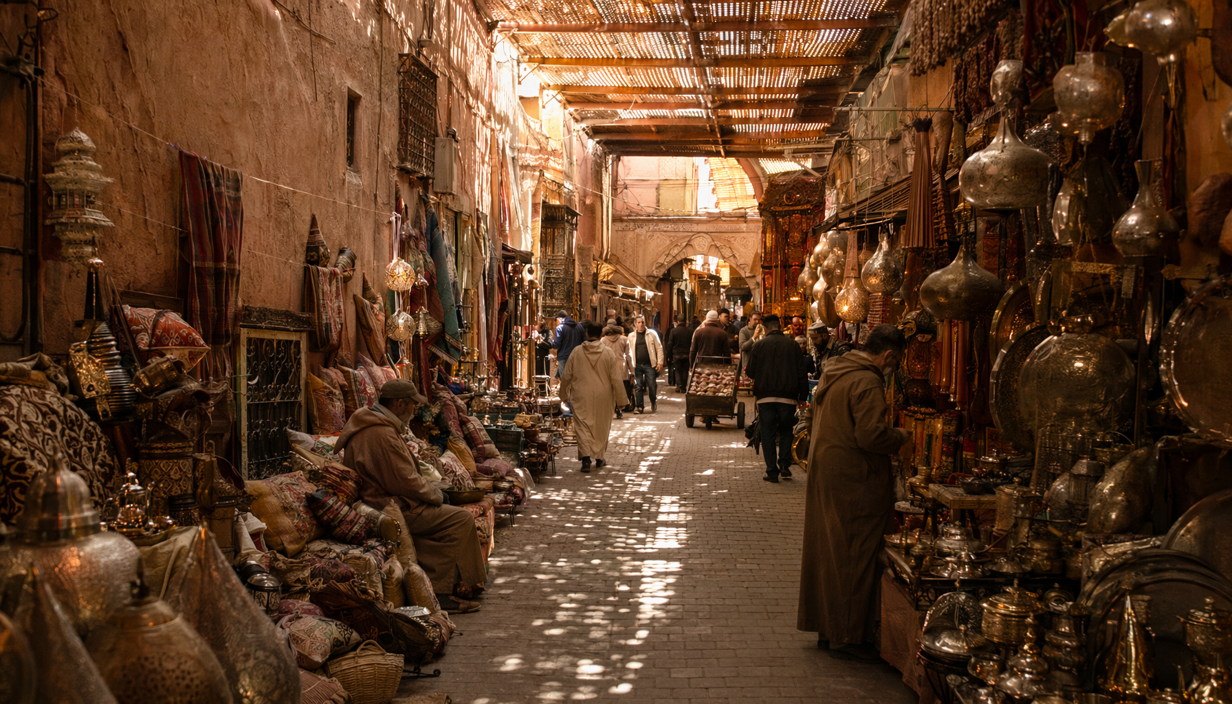 Ruelle animée de la médina de Marrakech avec souks, vendeurs et lumière naturelle filtrant à travers les claustras