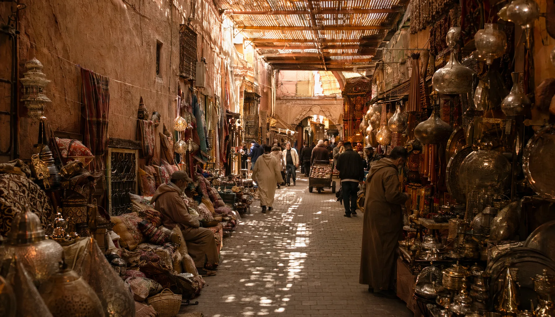 Ruelle animée de la médina de Marrakech avec souks, vendeurs et lumière naturelle filtrant à travers les claustras