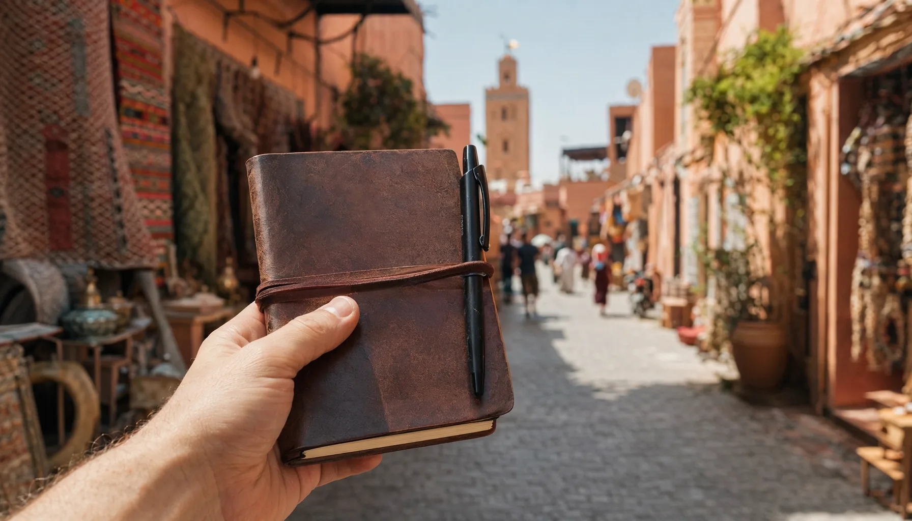 Mano sosteniendo una libreta con bolígrafo, fondo desenfocado de calle marrakechí con luz natural