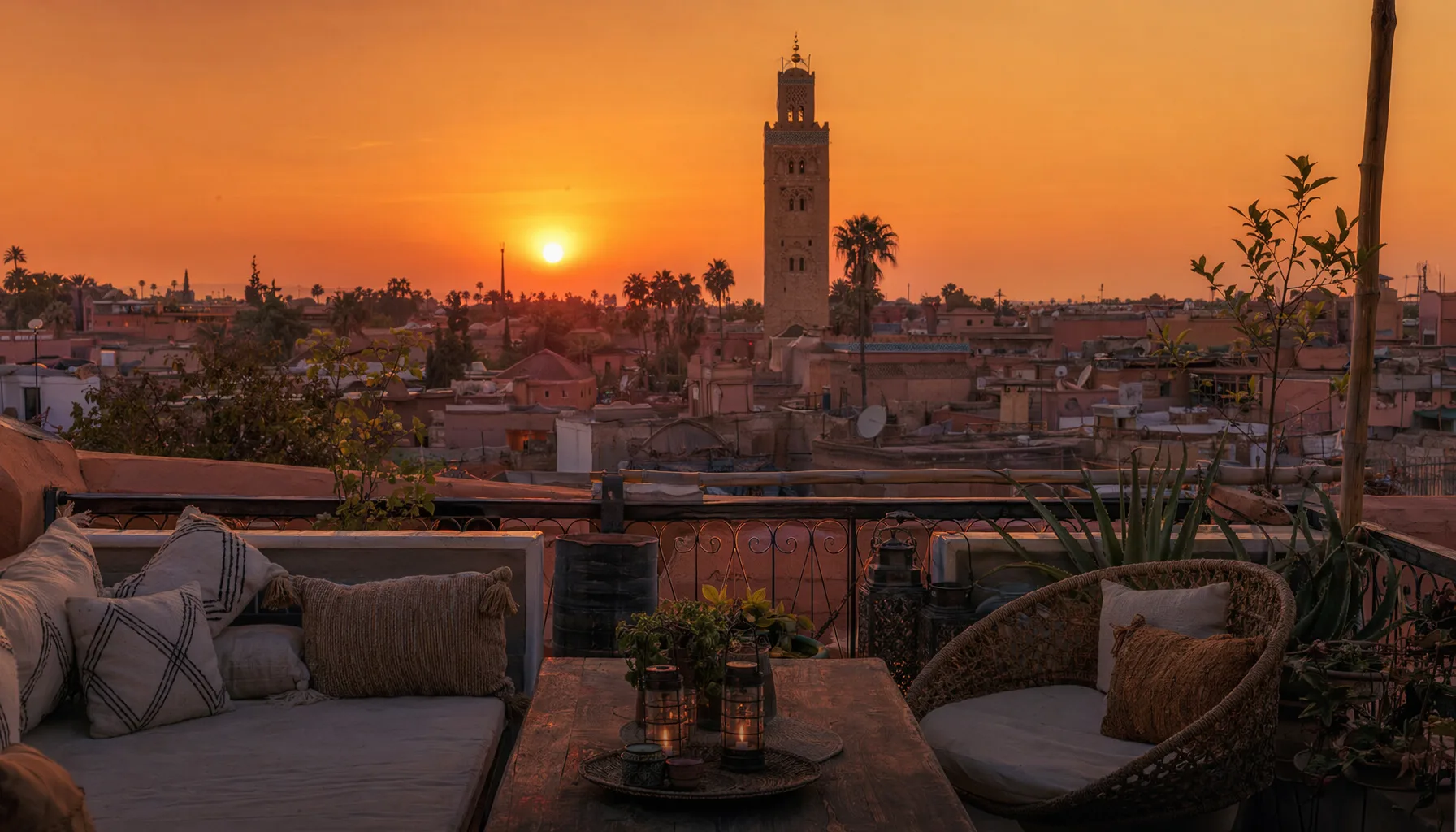 Vista desde una terraza de riad en Marrakech al crepúsculo, cielo anaranjado sobre los tejados y la Koutoubia al fondo
