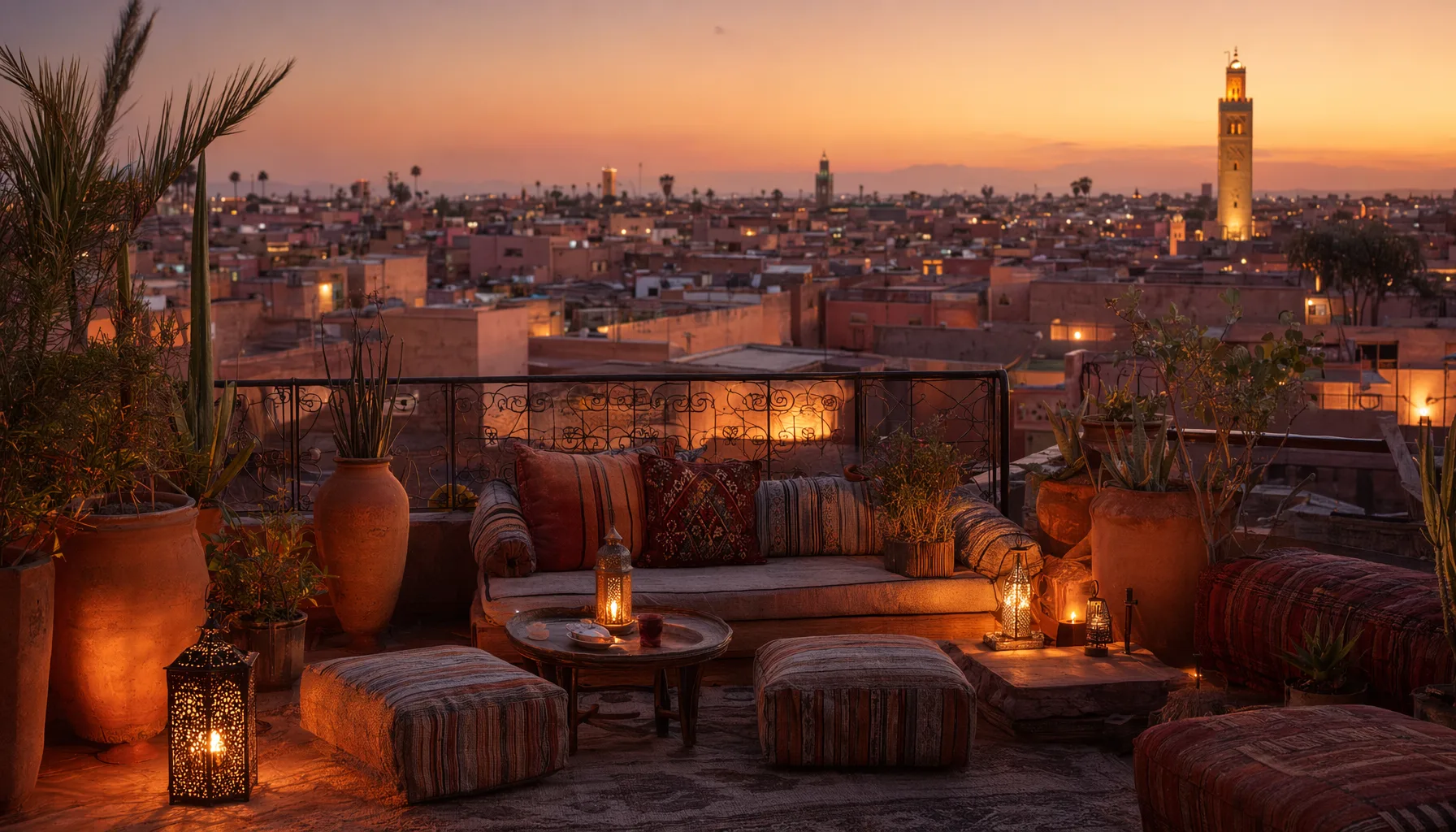 Terrasse de riad à Marrakech au crépuscule avec vue sur la médina, ambiance chaleureuse de fin de journée