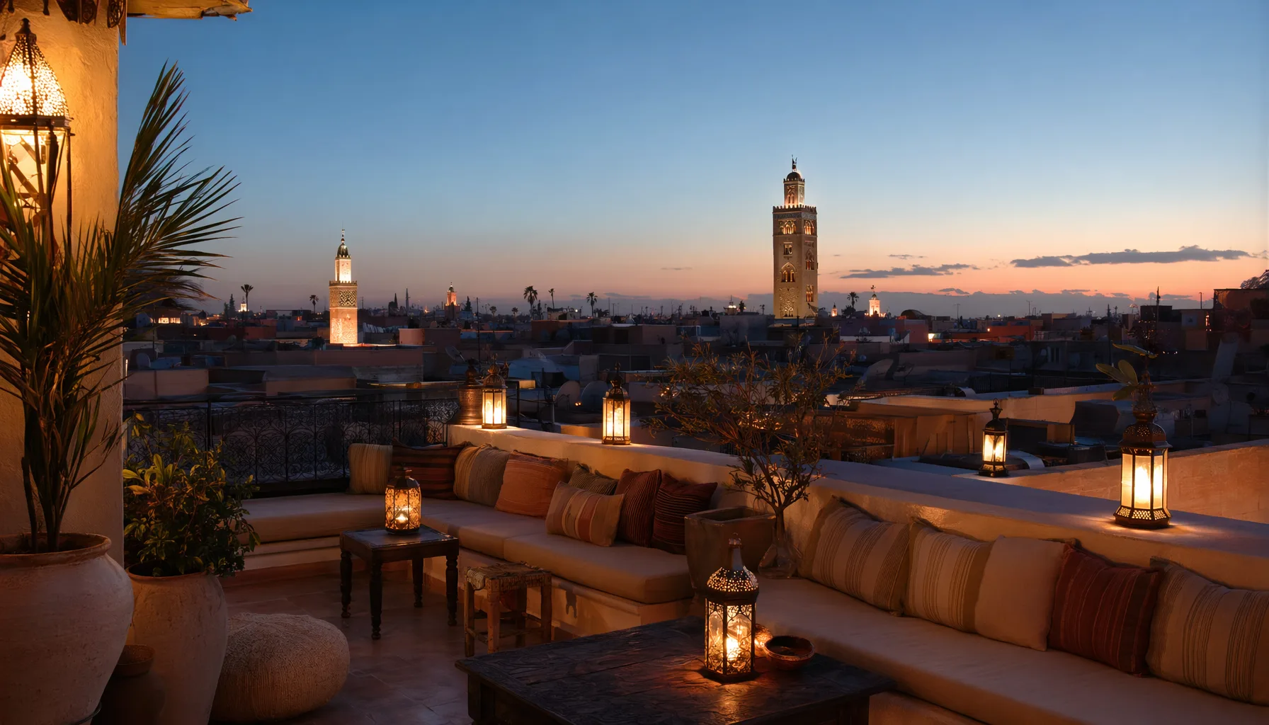 Terrasse d'un riad de la médina de Marrakech en soirée, vue sur les toits et minarets, lanternes allumées, ambiance calme