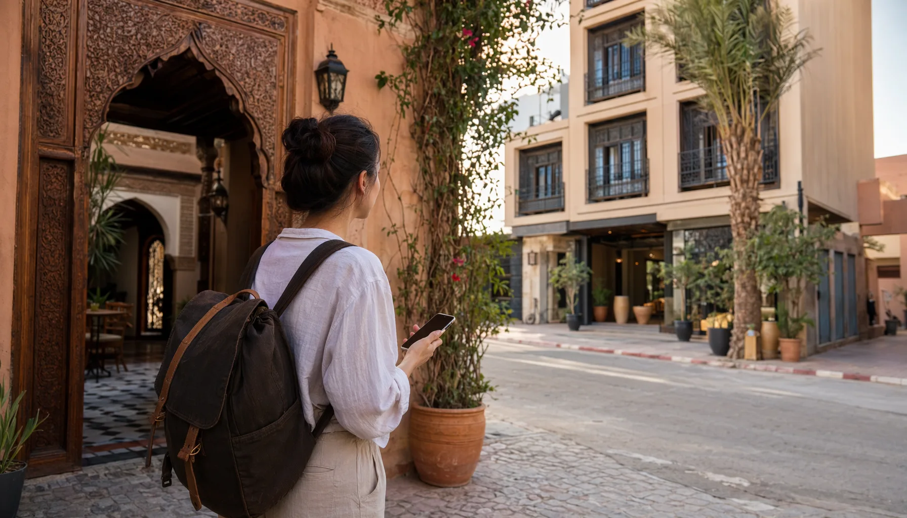 Voyageur consultant son téléphone devant un riad de Marrakech, moment de décision sur l'hébergement