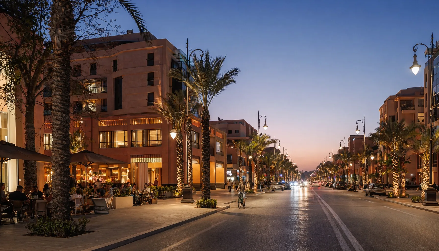 Avenue de Guéliz à Marrakech en soirée, rues larges et bien éclairées, terrasses de cafés animées