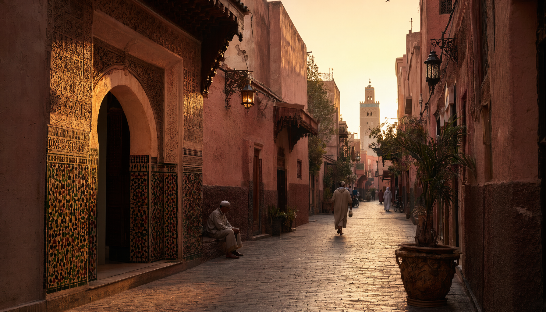 Rue de Marrakech en fin d'après-midi pendant le ramadan, ambiance calme avant l'iftar, lumière chaude rasante
