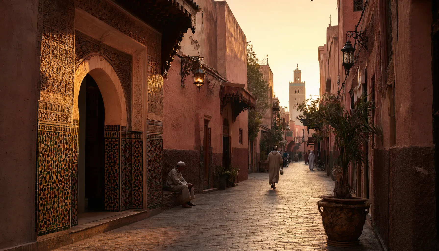 Rue de Marrakech en fin d'après-midi pendant le ramadan, ambiance calme avant l'iftar, lumière chaude rasante