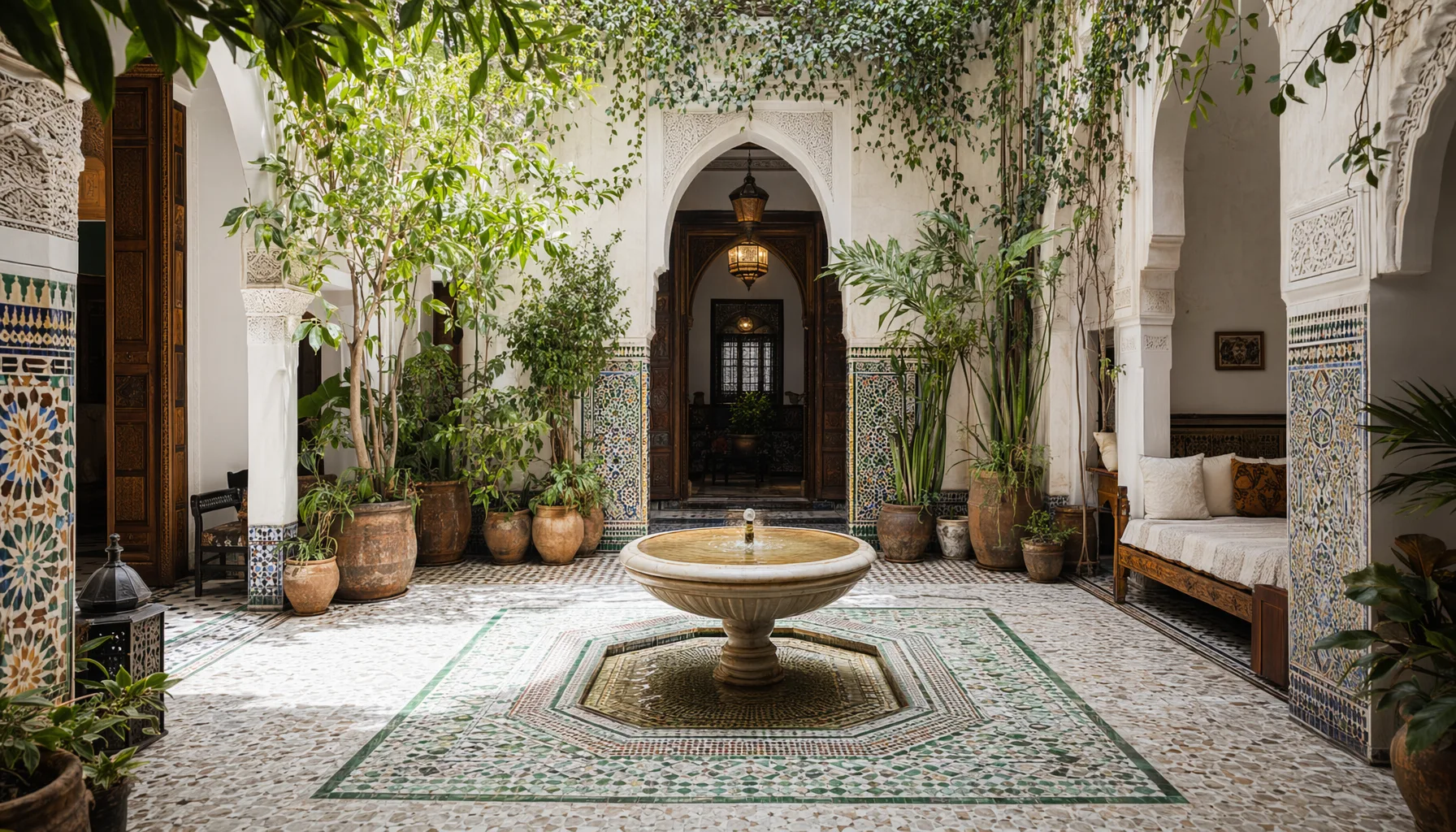 Patio interior de un riad marrakechí con fuente central, zellij y plantas verdes colgantes