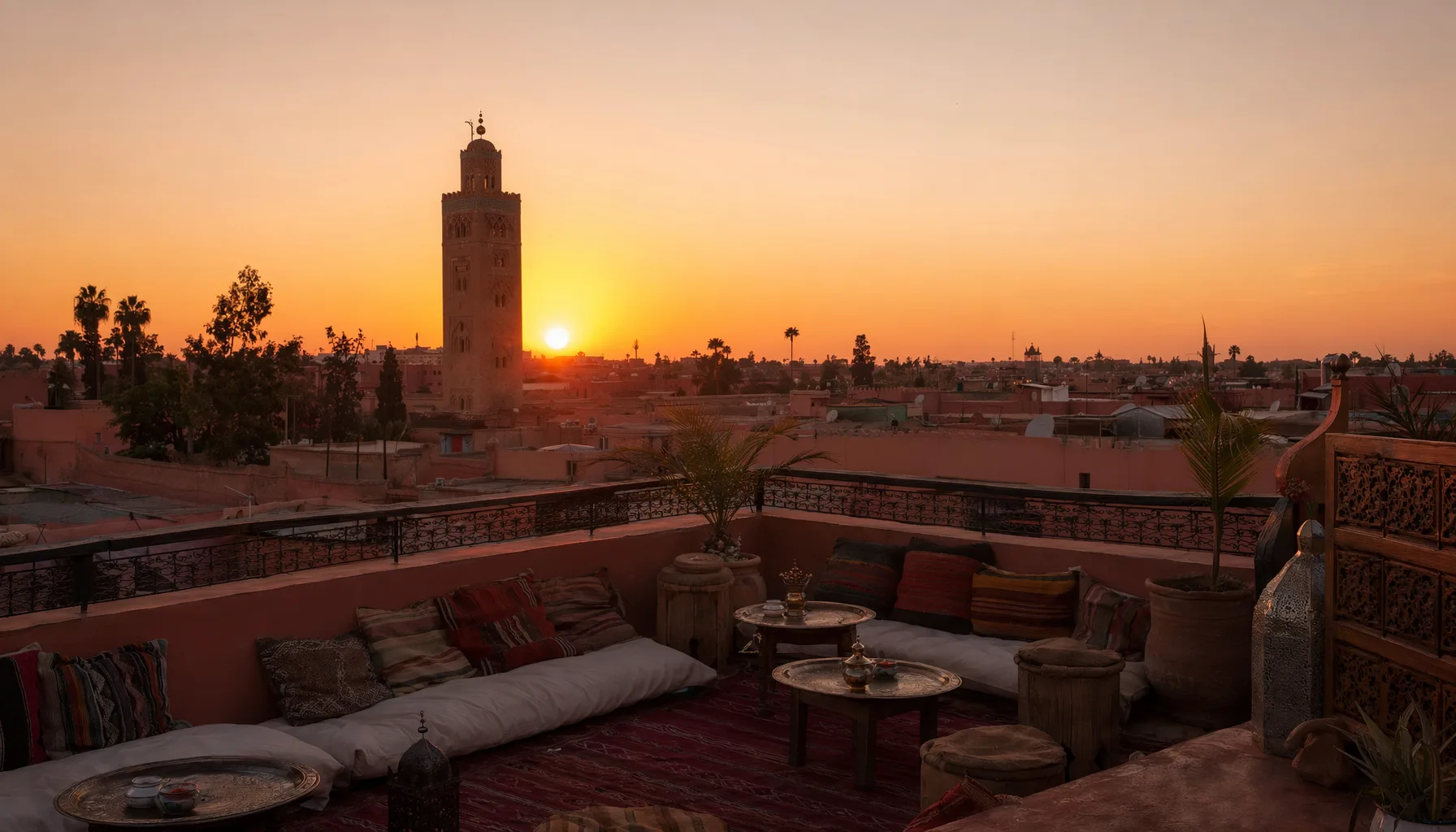 Terraza de un riad de medina en Marrakech al atardecer, minarete de la Koutoubia visible al fondo