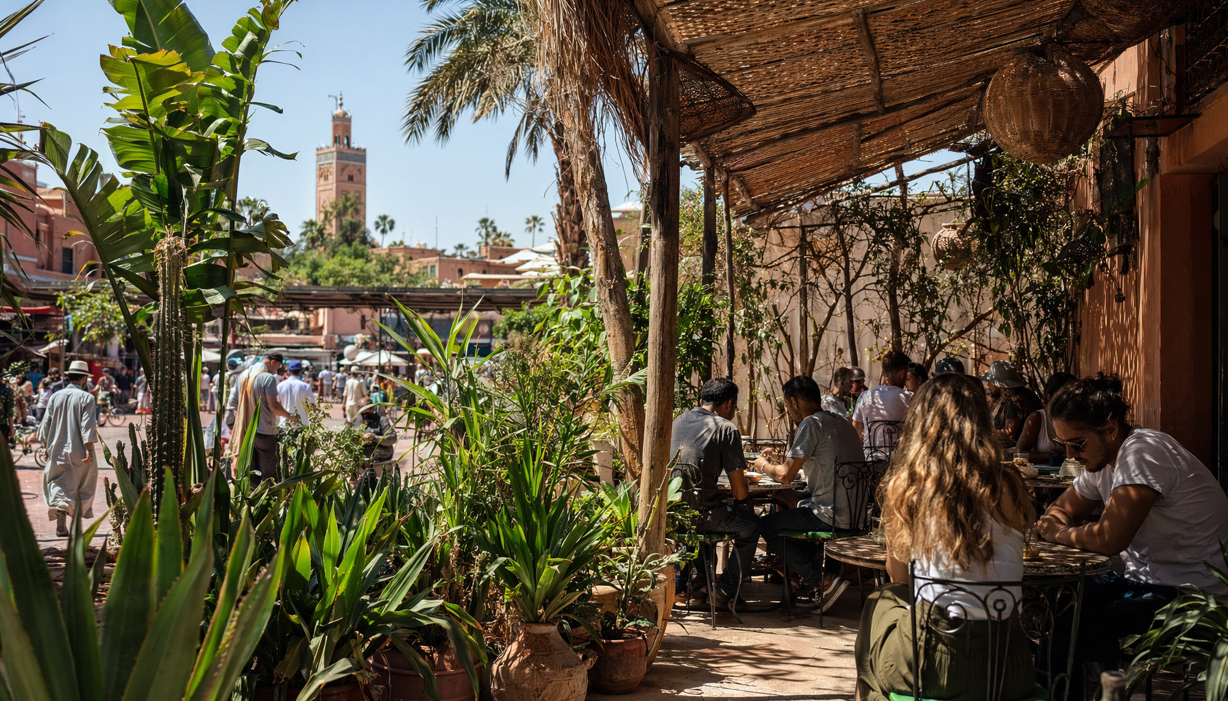 Terrasse animée de café à Marrakech en été, lumière forte et ciel bleu, voyageurs à l'ombre