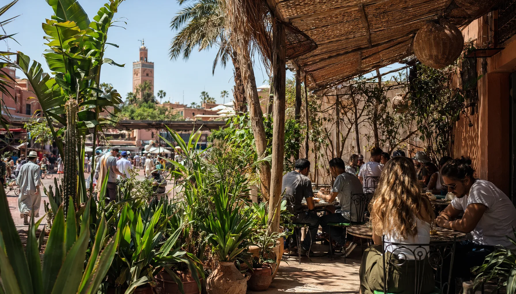 Terrasse animée de café à Marrakech en été, lumière forte et ciel bleu, voyageurs à l'ombre
