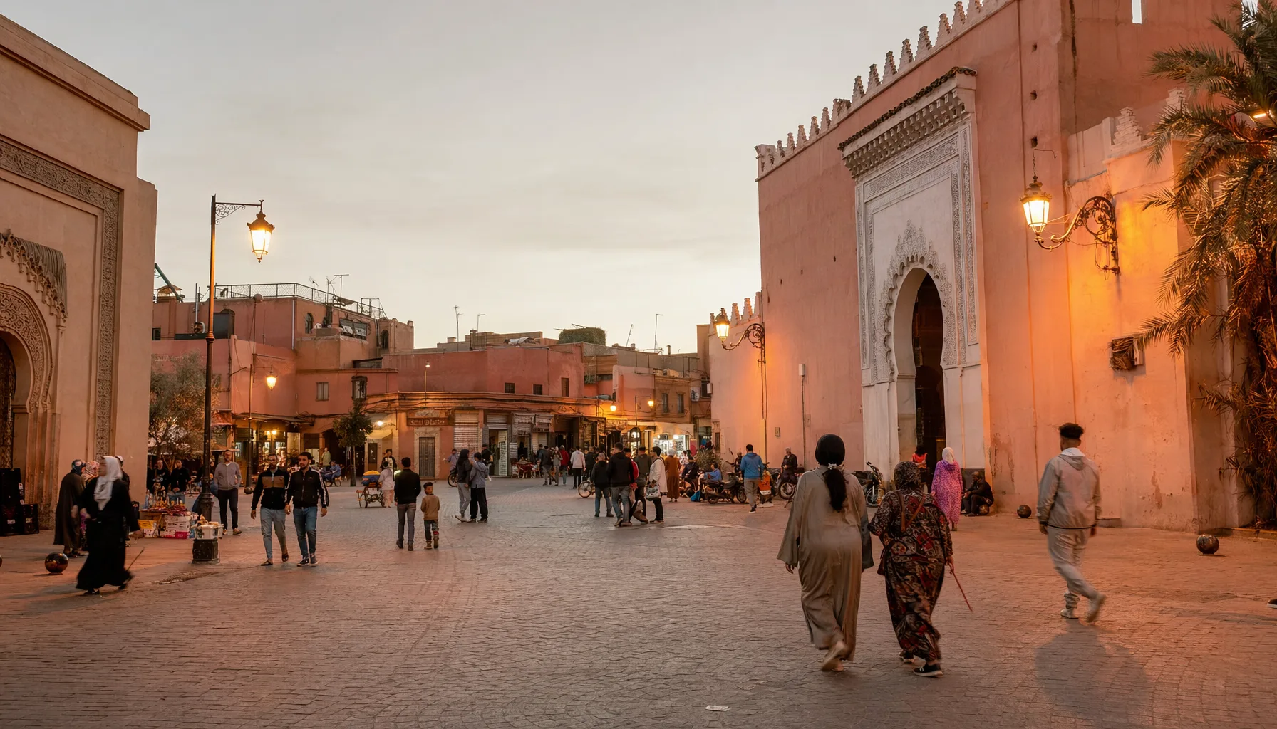 Place animée de la médina de Marrakech en soirée, passants locaux et visiteurs dans une ambiance calme et ordinaire