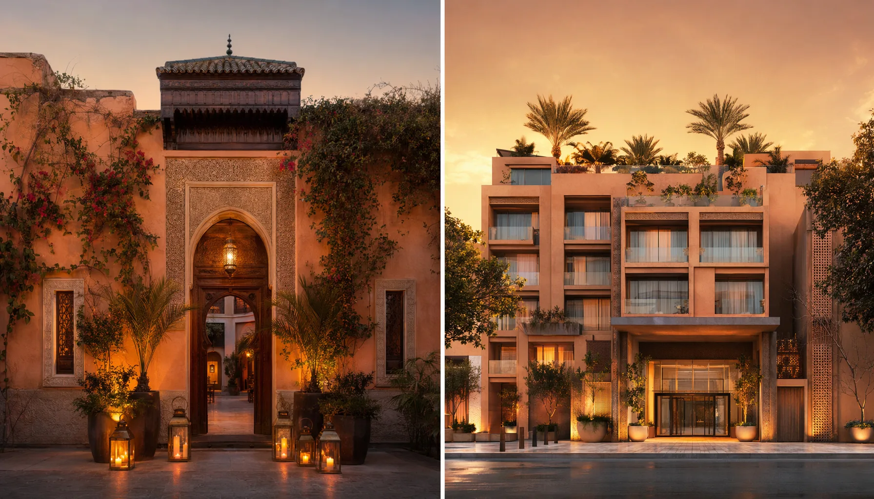 Visuel récapitulatif riad versus hôtel à Marrakech, ambiance synthèse et choix