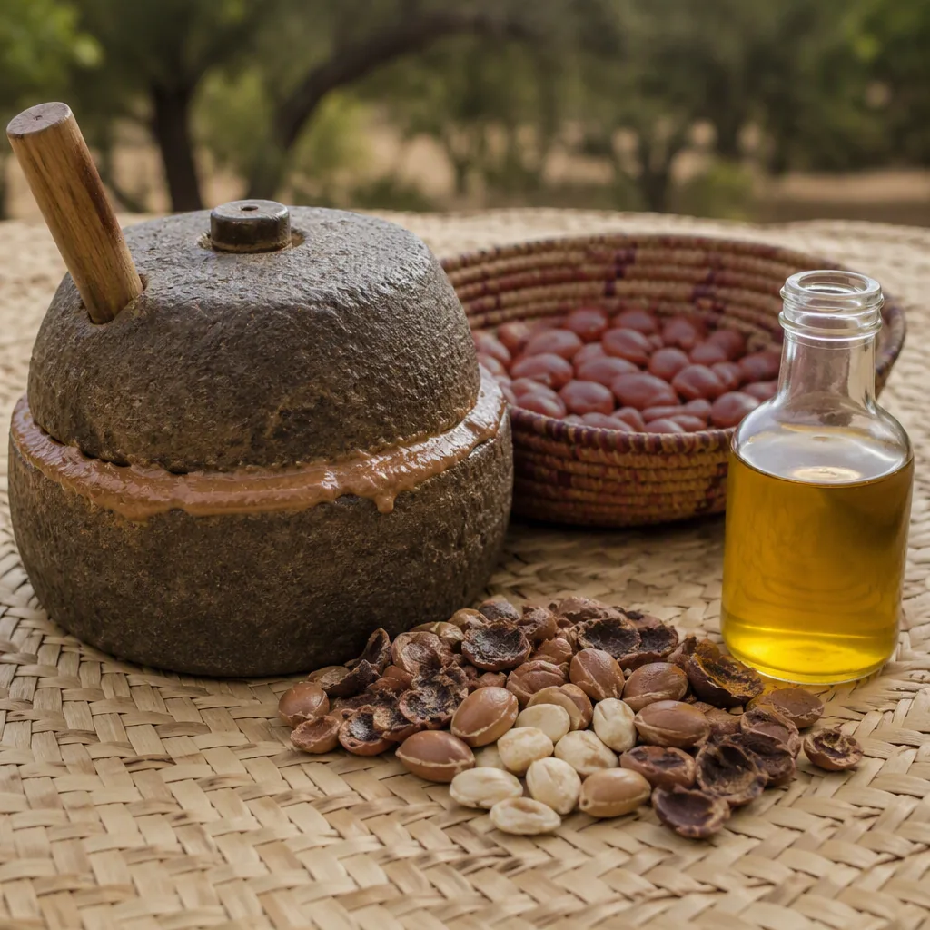 Argan nuts, kernels and the stone mill used to extract the oil