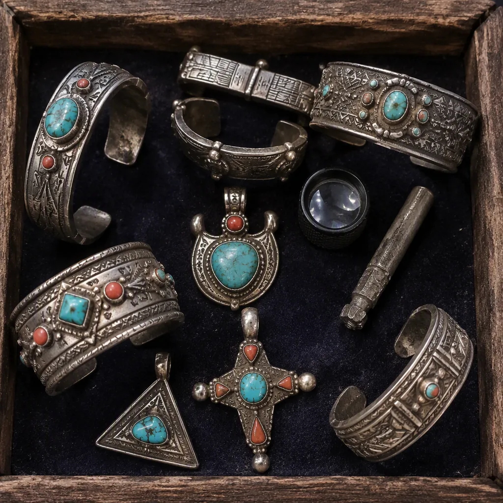 Berber silver bracelets and pendants inlaid with turquoise on a jeweler’s tray