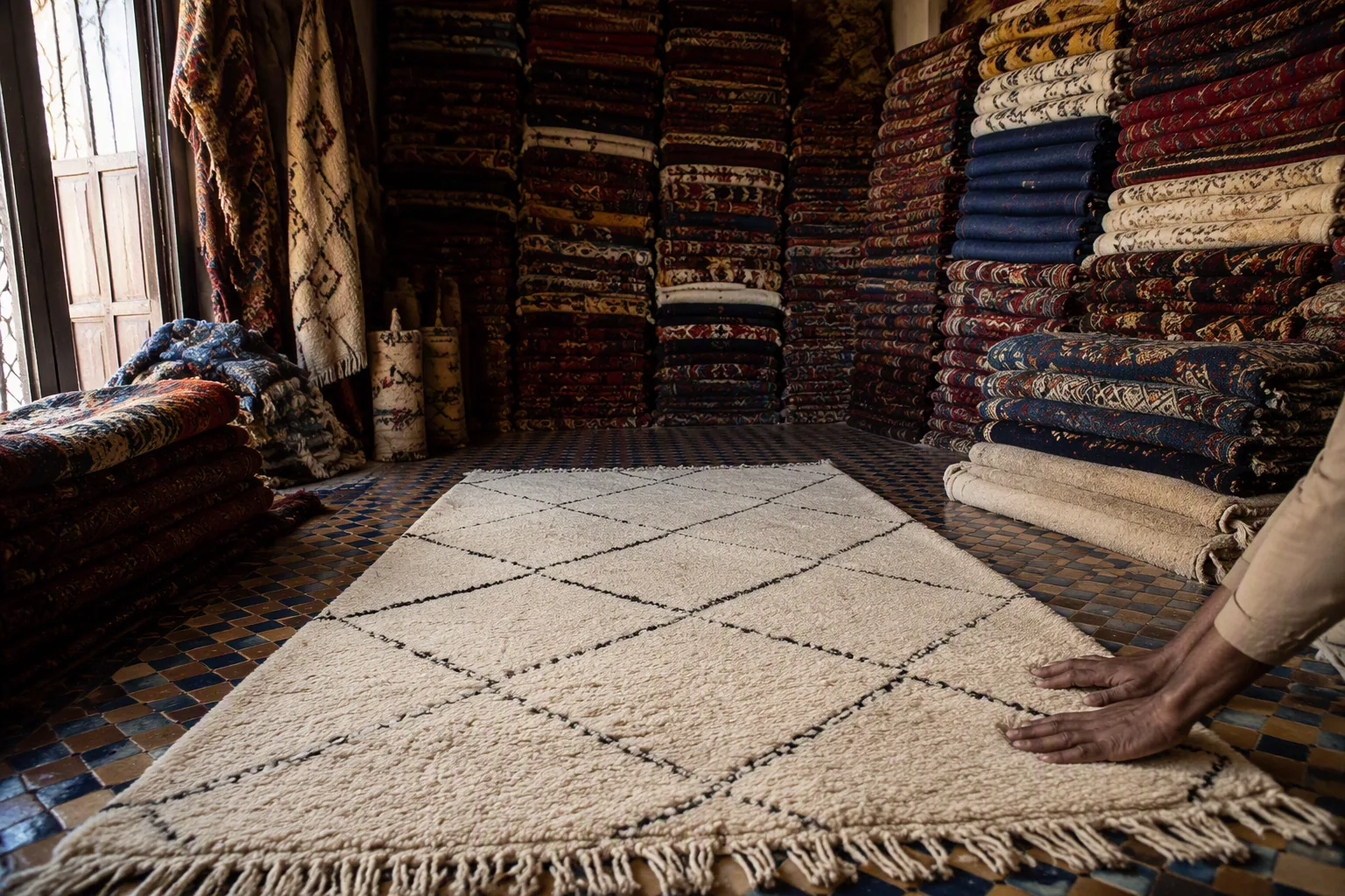 Folded wool Berber rugs stacked in a medina shop, a Beni Ourain rug unfolded in the foreground