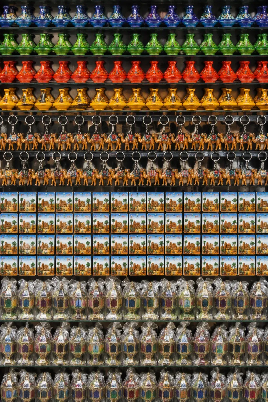 Stall of mass-produced souvenirs: rows of identical mini tagines, keyrings and magnets