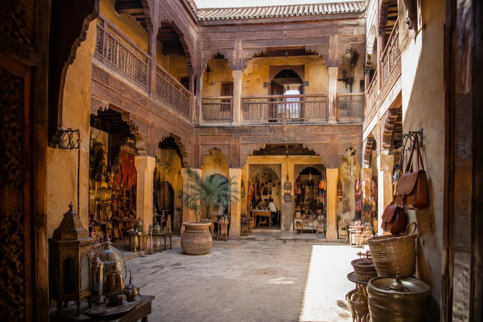 Inner courtyard of a fondouk in the Marrakech medina, with wooden galleries and artisans’ workshops
