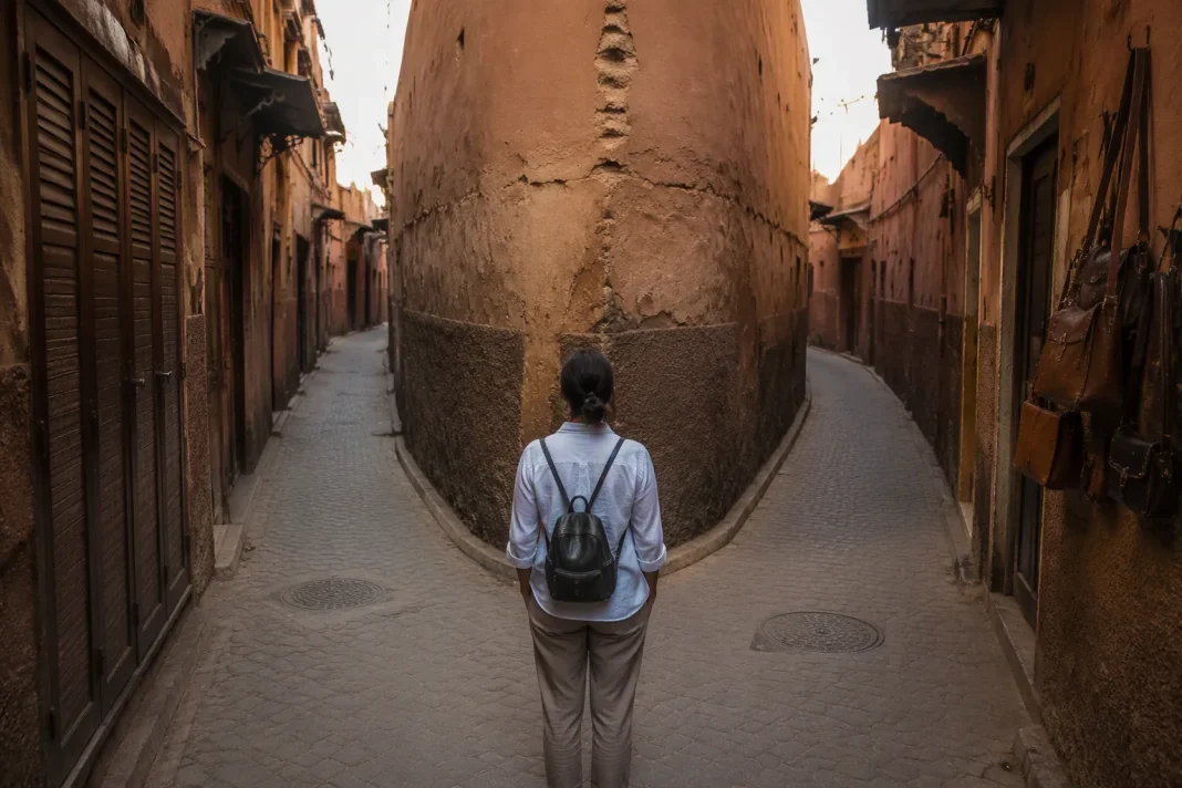 medina-marrakech-ruelles-embranchement Embranchement de deux ruelles dans la médina de Marrakech, un visiteur de dos hésite entre les deux